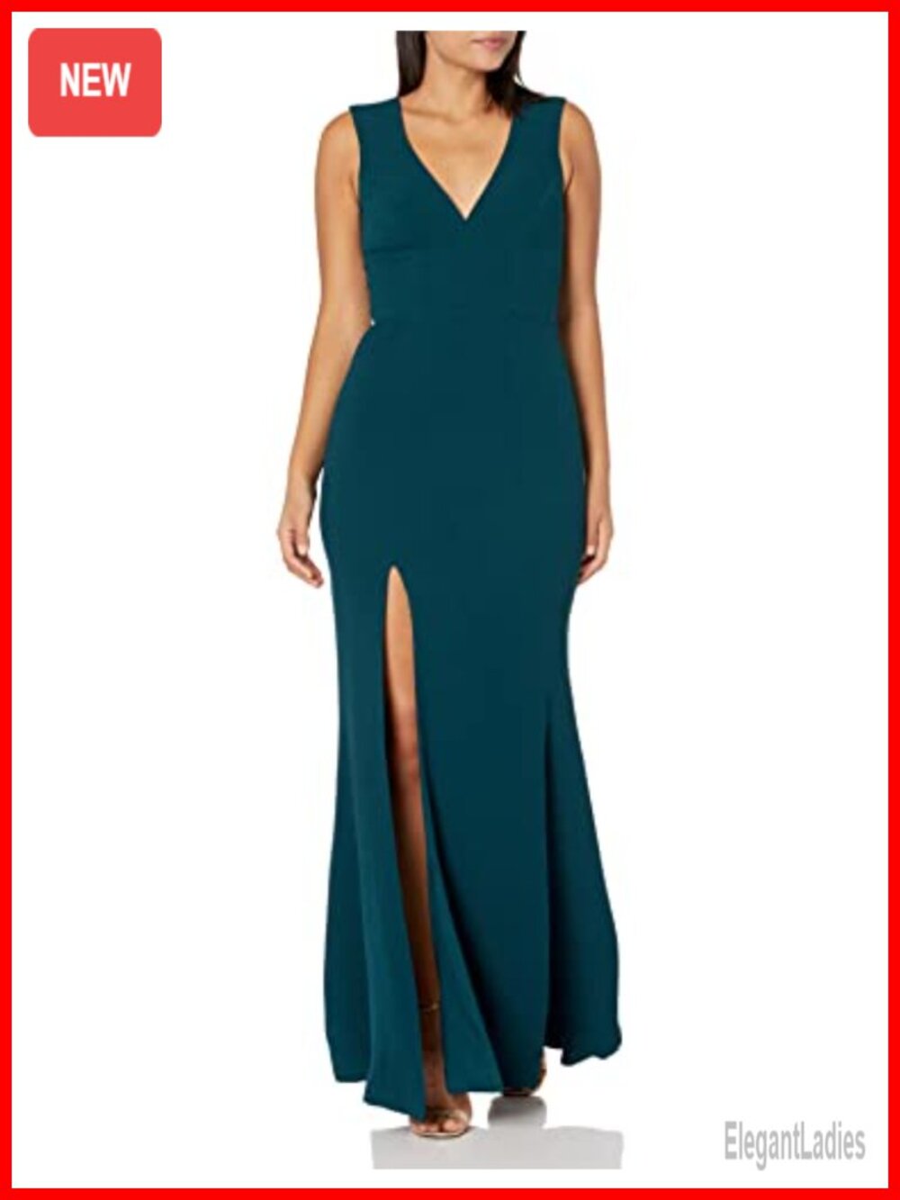Plunging Thick Strap Solid Gown With Slit Dress